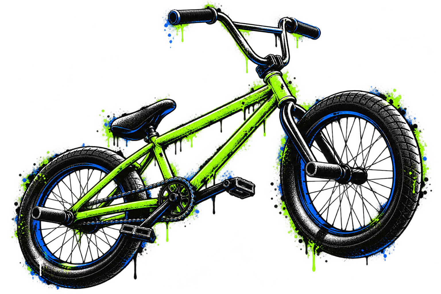 BMX у стилі графіті: лаймова рама, широкі колеса та бризки фарби